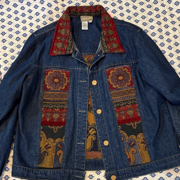 Coldwater Creek Blue Denim Jacket with Red Gold printed Tapestry Large - Picture 6 of 9